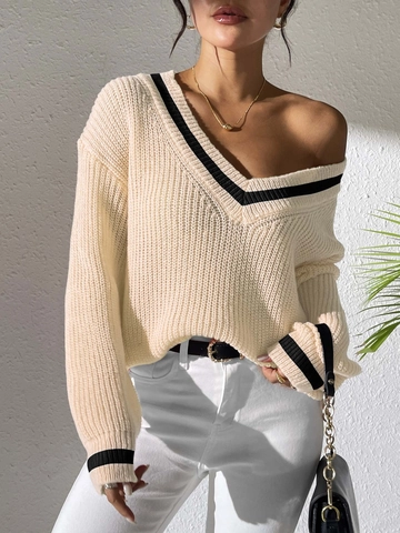 Women Preppy V Neck Knitted Sweater Long Sleeve Contrast Color Beaded Artificial Pearl Pullover Top Casual Loose Warm Knitwear