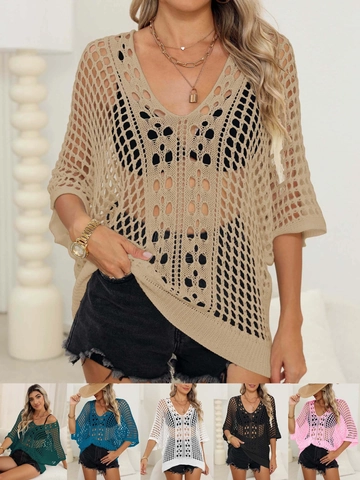 Women Crochet Hollow Out Bikini Cover Up V Neck Batwing Sleeve Loose Mesh Knit Beachwear Swimsuit Smock Top
