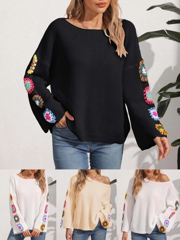 Suéter de Punto con Hombros Descubiertos para Mujer Manga de Croché Patchwork Floral Bohemio Pullover Casual de Manga Larga