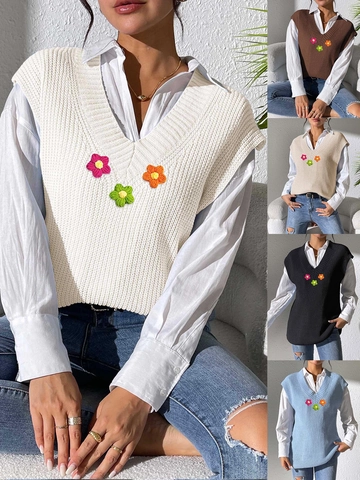 Chaleco de Punto para Mujer Cuello en V Flores de Ganchillo Suéter sin Mangas Casual Streetwear Chaleco Otoño Primavera Top