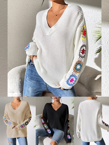 Maglione da Donna Casual Boho Scollo a V Manica Lunga Patchwork con Fiori all'Uncinetto Pullover Largo Top Bianco Nero Albicocca