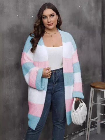 Women's Plus Size Striped Colorblock Knit Cardigan Soft Faux Mink Long Sweater Coat With Pockets Open Front Jacket