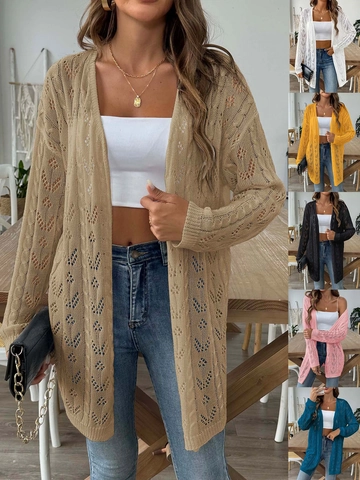 Cardigan in Maglia Traforata da Donna Apertura Frontale Manica Lunga Maglione Tinta Unita Vestibilità Comoda Giacca Leggera