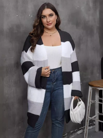 Women's Plus Size Striped Colorblock Knit Cardigan Soft Faux Mink Long Sweater Coat With Pockets Open Front Jacket