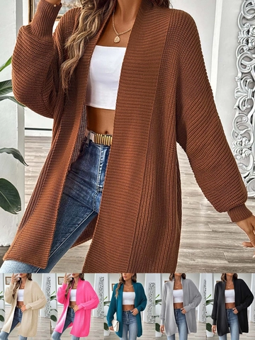 Dames Oversized Gebreid Vest Lange Mouw V-Hals Open Voorkant Trui Effen Kleur Losjes Mid-Lengte Gebreide Bovenkleding