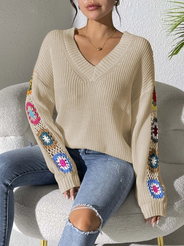Maglione da Donna Casual Boho Scollo a V Manica Lunga Patchwork con Fiori all'Uncinetto Pullover Largo Top Bianco Nero Albicocca
