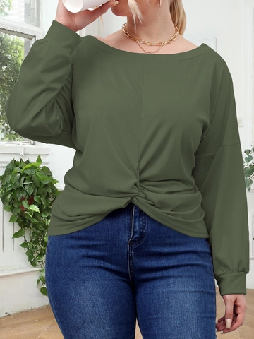 T-Shirt Décontracté à Manches Longues pour Femmes Grande Taille Vert Armée Col Rond avec Nœud Torsadé Haut Pullover