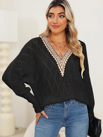 Damen V Ausschnitt Pullover Hohl Geschnitten Spitze Patchwork Fledermausärmel Locker Strickpullover Casual Herbst Winter Jumper