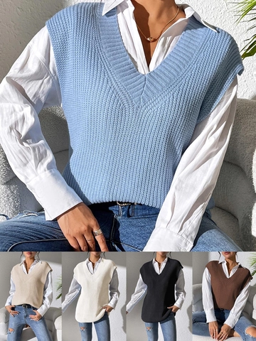 Dames Casual V-hals Gebreid Vest Mouwloze Geribbelde Spencer Losse Pasvorm Effen Kleur Gebreid Waistcoat Top
