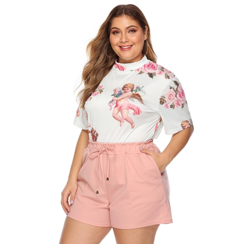 Pantalones Cortos de Talla Grande para Mujer Cintura Alta Con Cordón Cintura Elástica Casual Color Sólido Pantalones Cortos Con Bolsillos Rosa