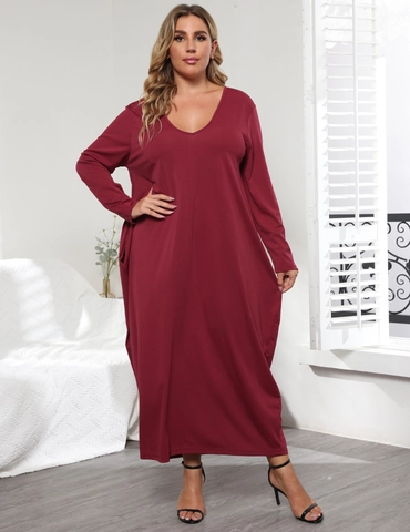 Vestido Maxi de Talla Grande para Mujer Cuello en V Manga Larga Casual Color Sólido Suelto Con Bolsillos Laterales y Lazada Trasera