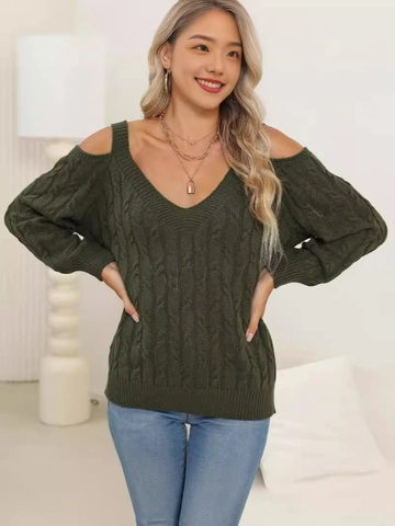 Dames Sexy Diepe V-Hals Blote Schouders Kabelgebreide Trui Losse Pullover Lange Mouwen Effen Kleur Casual Mode Top