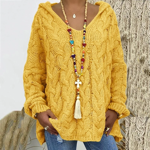 Women's Oversized Cable Knit Hooded Sweater Vintage V-Neck Loose Acrylic Knitted Pullover Top Winter Warm Solid Color Jumper