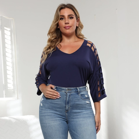 Women Plus Size V Neck T-Shirt Polyester Spandex Hollow Out Batwing Sleeve Solid Color Casual Top Fashion Women Clothing