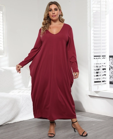 Vestido Maxi de Talla Grande para Mujer Cuello en V Manga Larga Casual Color Sólido Suelto Con Bolsillos Laterales y Lazada Trasera