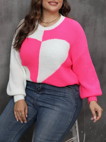 Suéter de Punto de Talla Grande para Mujer Patrón de Corazón Bloque de Color Manga Larga Cuello Redondo Patchwork Pullover