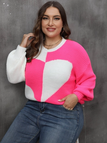 Suéter de Punto de Talla Grande para Mujer Patrón de Corazón Bloque de Color Manga Larga Cuello Redondo Patchwork Pullover