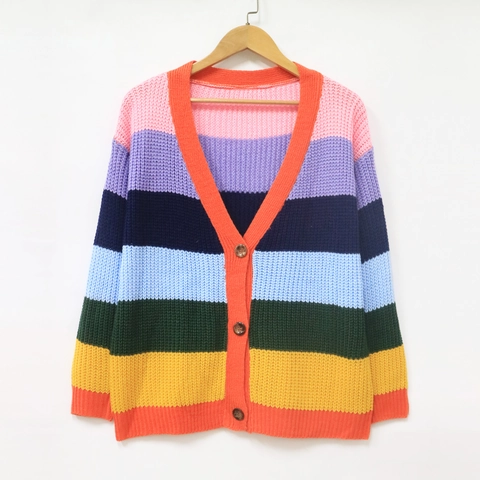 Women Striped Knit Cardigan Sweater Loose V-Neck Contrast Color Patchwork Button Up Casual Long Sleeve Outerwear Coat
