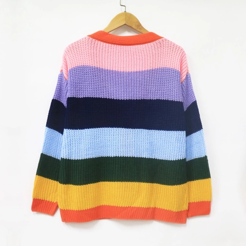Women Striped Knit Cardigan Sweater Loose V-Neck Contrast Color Patchwork Button Up Casual Long Sleeve Outerwear Coat