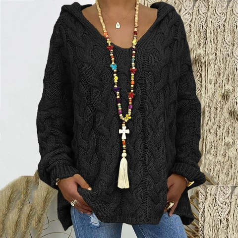 Suéter de Mujer Oversize de Punto de Ochos Con Capucha Cuello en V Manga Larga Grueso Acrílico Color Sólido Casual Streetwear Parte Superior