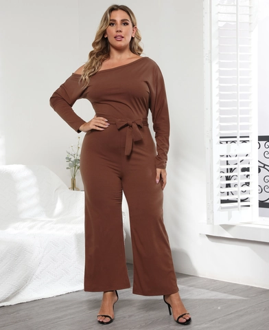 Tuta Intera Donna Taglie Forti Casual Monospalla Manica Lunga Gamba Larga con Cinturino Marrone