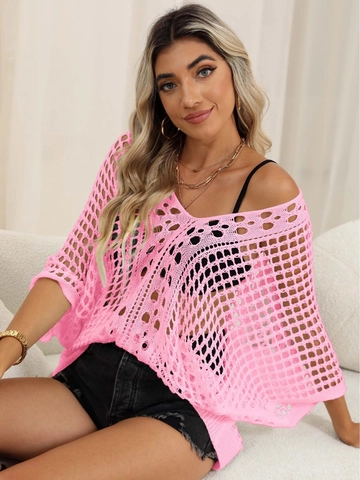 Women Crochet Hollow Out Bikini Cover Up V Neck Batwing Sleeve Loose Mesh Knit Beachwear Swimsuit Smock Top