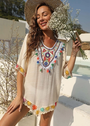 Dames Boheems Etnisch Borduursel Strand Cover-up Kwasten V-hals Gehaakte Kant Patchwork Losse Zomervakantie Resort Jurk