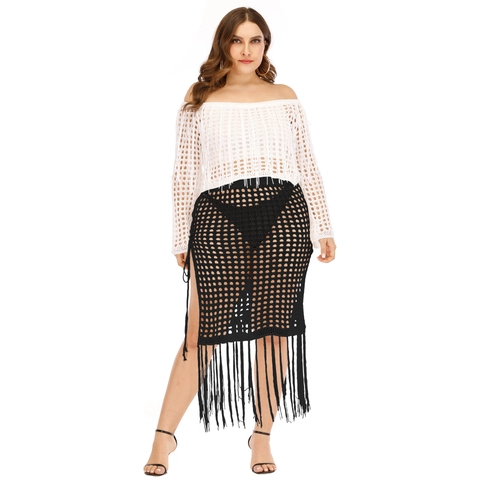 Damen Übergröße Sexy Häkeln Hohl Zwei Teiler Rock Set Lange Quasten Patchwork Mesh Strick Top Und Rock Strand Urlaub