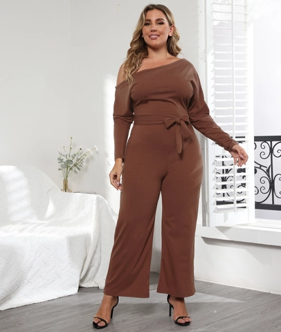 Tuta Intera Donna Taglie Forti Casual Monospalla Manica Lunga Gamba Larga con Cinturino Marrone