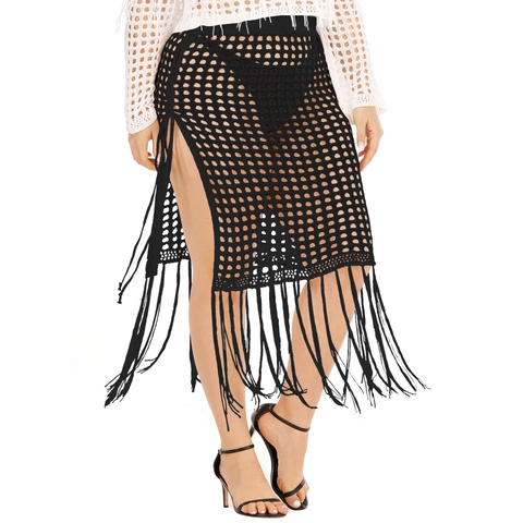 Damen Übergröße Sexy Häkeln Hohl Zwei Teiler Rock Set Lange Quasten Patchwork Mesh Strick Top Und Rock Strand Urlaub