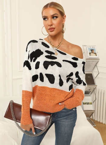 Women's Casual Knitted Sweater Leopard Print Color Block Long Sleeve Off-Shoulder Pullover Jumper For Autumn Winter Fashion