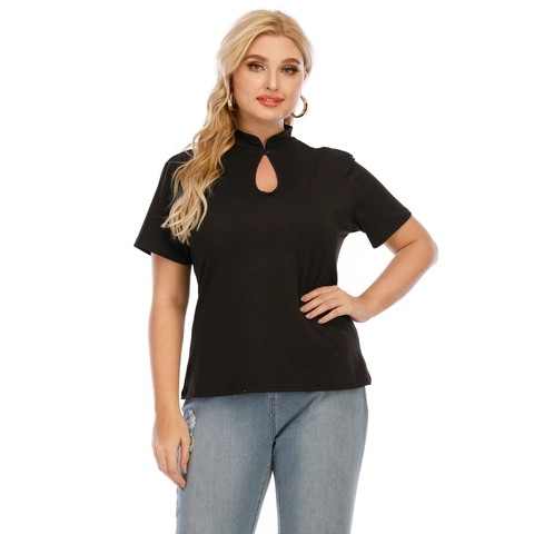Women's Plus Size Black T-Shirt Elegant Stand Collar Keyhole Cutout Short Sleeve Top Casual Slim Fit Stretchy Solid Shirt