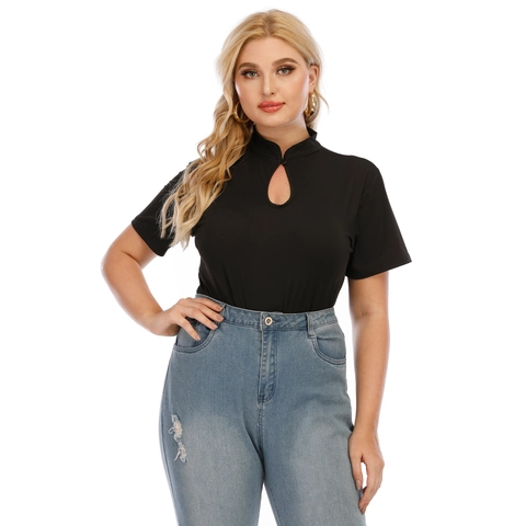 Women's Plus Size Black T-Shirt Elegant Stand Collar Keyhole Cutout Short Sleeve Top Casual Slim Fit Stretchy Solid Shirt