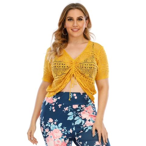 Damen Übergröße Häkeln Ausschnitt Top Sexy V-Ausschnitt Verstellbarer Kordelzug Kurzarm Crop Top Gelb Lässige Mode Bluse