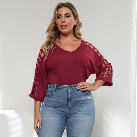 Damen Übergröße V-Ausschnitt T-Shirt Ausschnitt Gitter Langarm Casual Top Einfarbig Lose Pullover Mode Kleidung