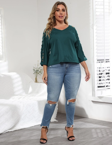 Damen Übergröße V-Ausschnitt T-Shirt Ausschnitt Gitter Langarm Casual Top Einfarbig Lose Pullover Mode Kleidung