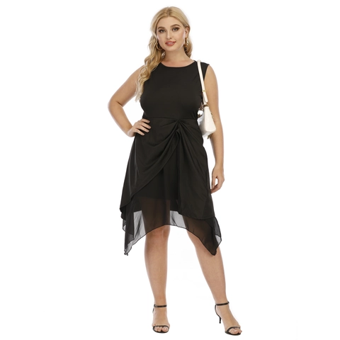 Vestido Sin Mangas Talla Grande Negro Cuello Redondo Patchwork de Malla Dobladillo Irregular Elegante Vestido de Noche Mujer Ropa Talla Grande