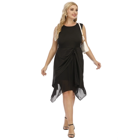 Vestido Sin Mangas Talla Grande Negro Cuello Redondo Patchwork de Malla Dobladillo Irregular Elegante Vestido de Noche Mujer Ropa Talla Grande
