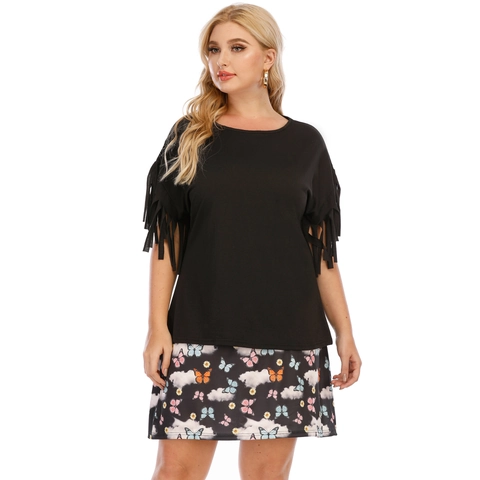 Completo a Due Pezzi da Donna Taglie Forti T-Shirt Girocollo con Frange e Minigonna con Stampa a Farfalla Estate Casual