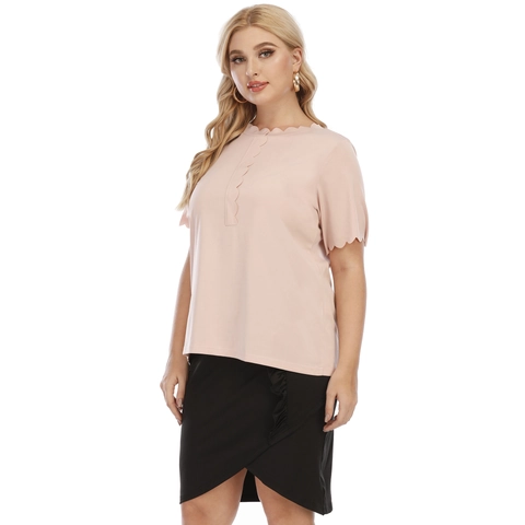 Women Plus Size Scalloped Edge Pink Short Sleeve Blouse Elegant Commuting Solid Color Polyester Summer Top For Office