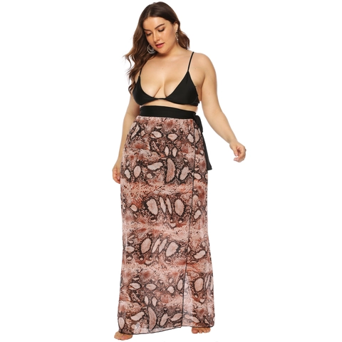 Damen Übergröße Wickelrock Mit Schlangenmuster Chiffon Strand Sarong Cover Up Hoher Schlitz Bindegürtel Langer Rock Boho Sommer
