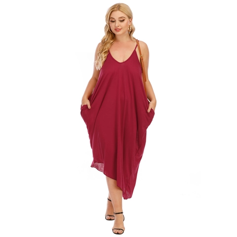 Damen Übergröße V Ausschnitt Träger Maxi Kleid Casual Locker Unregelmäßiger Saum Einfarbig Ärmellos Mit Taschen