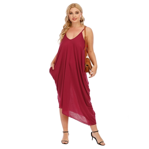 Damen Übergröße V Ausschnitt Träger Maxi Kleid Casual Locker Unregelmäßiger Saum Einfarbig Ärmellos Mit Taschen