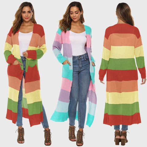 Women Colorful Rainbow Striped Knit Cardigan Open Front Long Sweater Thick Acrylic Outerwear With Pockets Side Slits