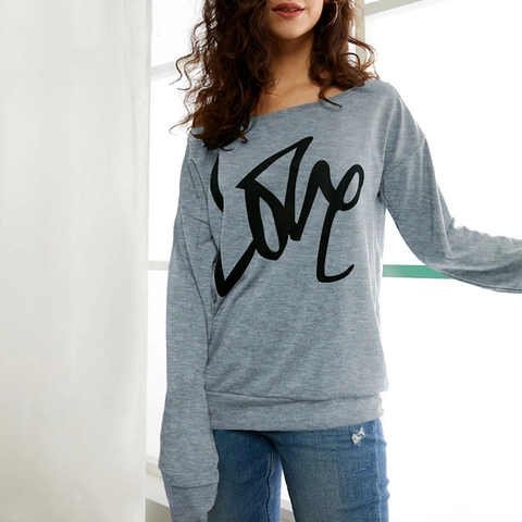 Felpa Casual da Donna a Maniche Lunghe con Stampa Lettere LOVE Pullover Vestibilità Larga in Misto Cotone Scollo a Barca