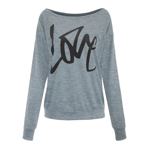 Felpa Casual da Donna a Maniche Lunghe con Stampa Lettere LOVE Pullover Vestibilità Larga in Misto Cotone Scollo a Barca