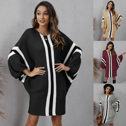 Women Batwing Sleeve Striped Knit Dress Loose Oversized Color Block Sweater Dress Casual Mid Length Autumn Winter Outfits