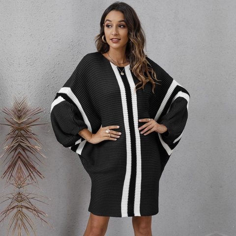 Women Batwing Sleeve Striped Knit Dress Loose Oversized Color Block Sweater Dress Casual Mid Length Autumn Winter Outfits