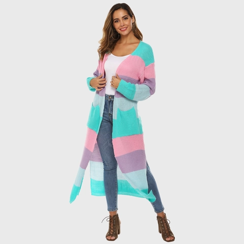 Women Colorful Rainbow Striped Knit Cardigan Open Front Long Sweater Thick Acrylic Outerwear With Pockets Side Slits