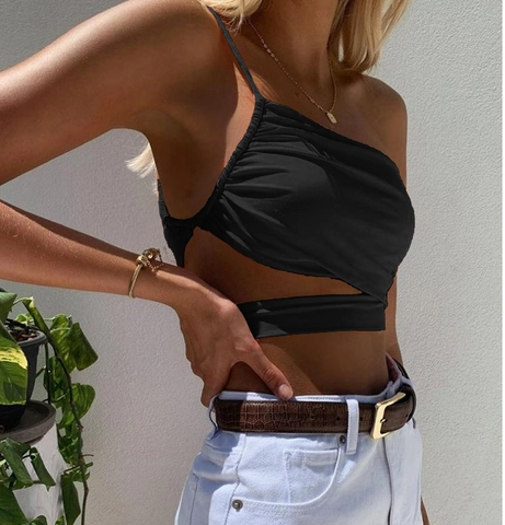Women Sexy One Shoulder Cut Out Ruched Crop Top Solid Color Sleeveless Polyester Slim Fit Asymmetric Summer Clubwear Tank Top